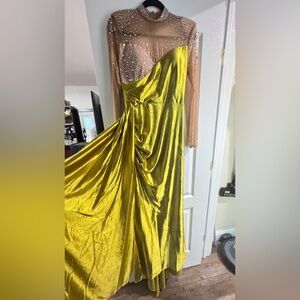 Glamorous Embellished Long Sleeve Dress in goldish green and nude